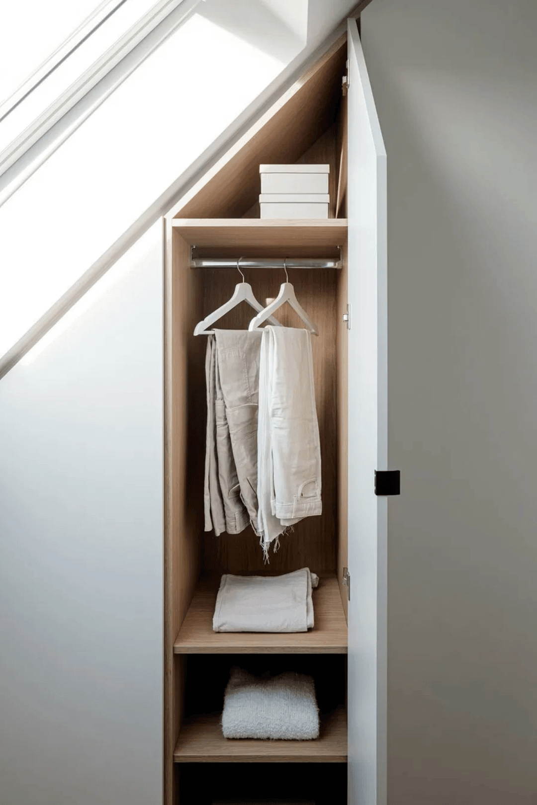Armoire encastrée le long d'un mur incliné, dans un intérieur Front White et Essential Oak Natural, avec tringle et étagères sur mesure.