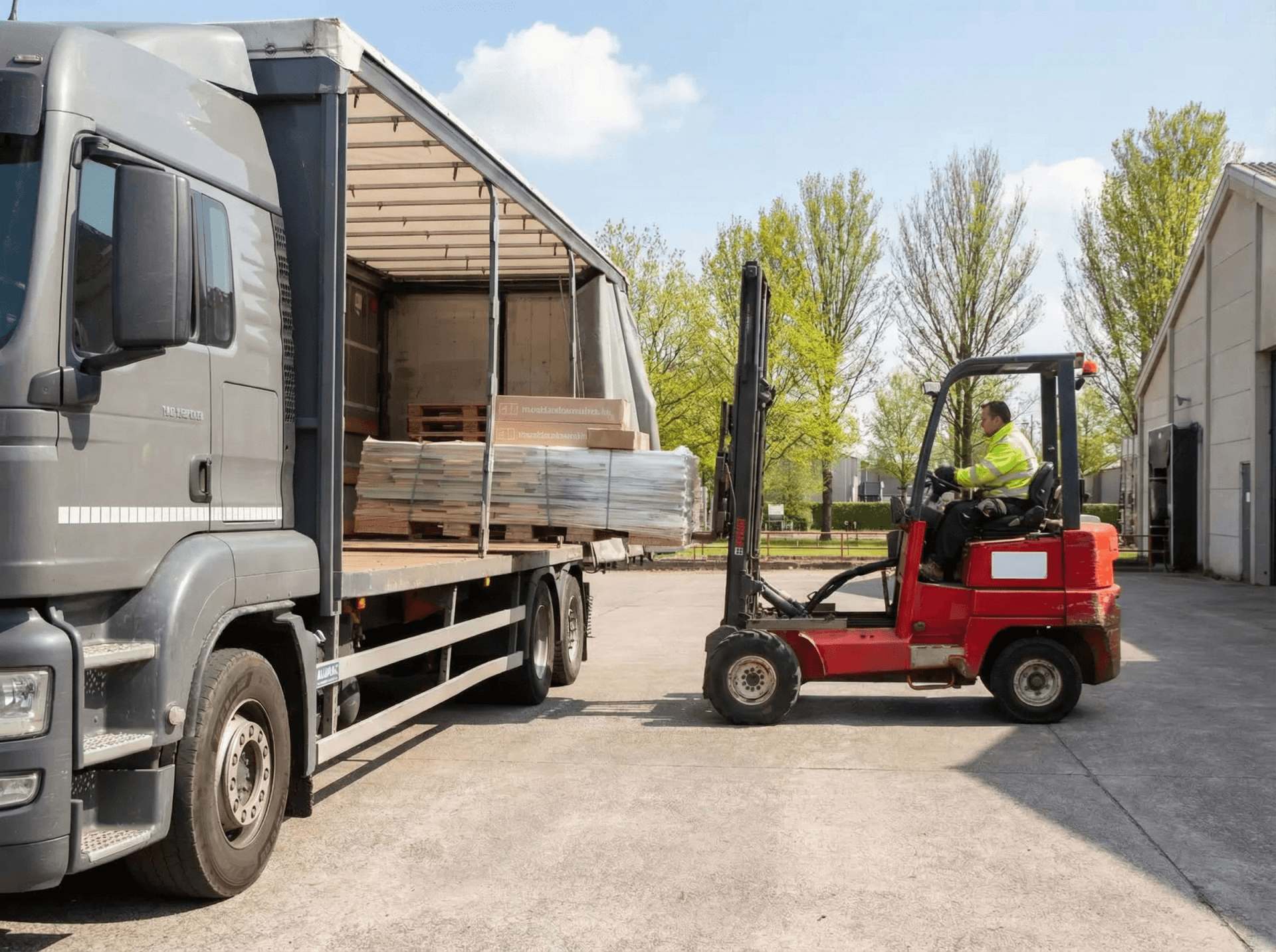 Des panneaux d'armoires sont chargés dans un camion