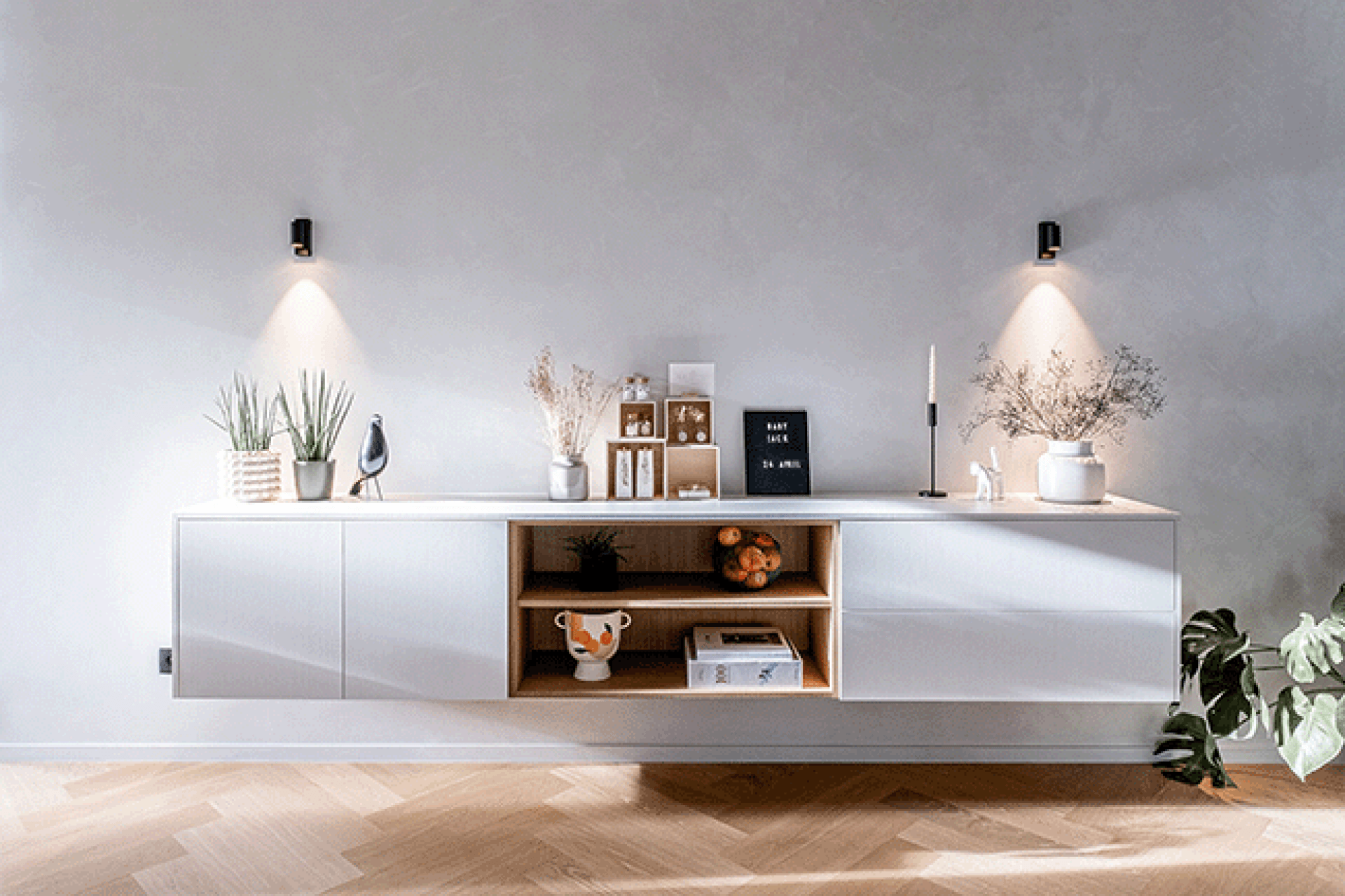 Commode suspendue blanche avec niche ouverte en bois