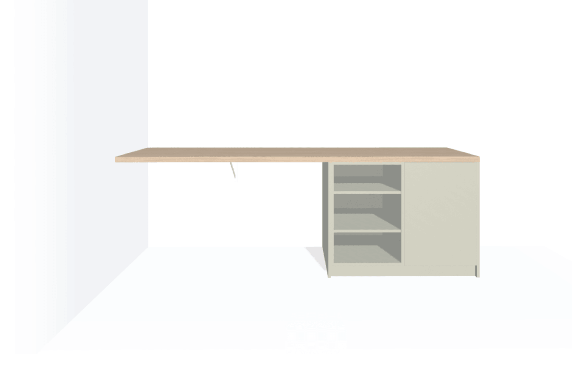 Bureau sur mesure intégré avec caisson ouvert à gauche en Natural Sage et plateau en Atlas Oak
