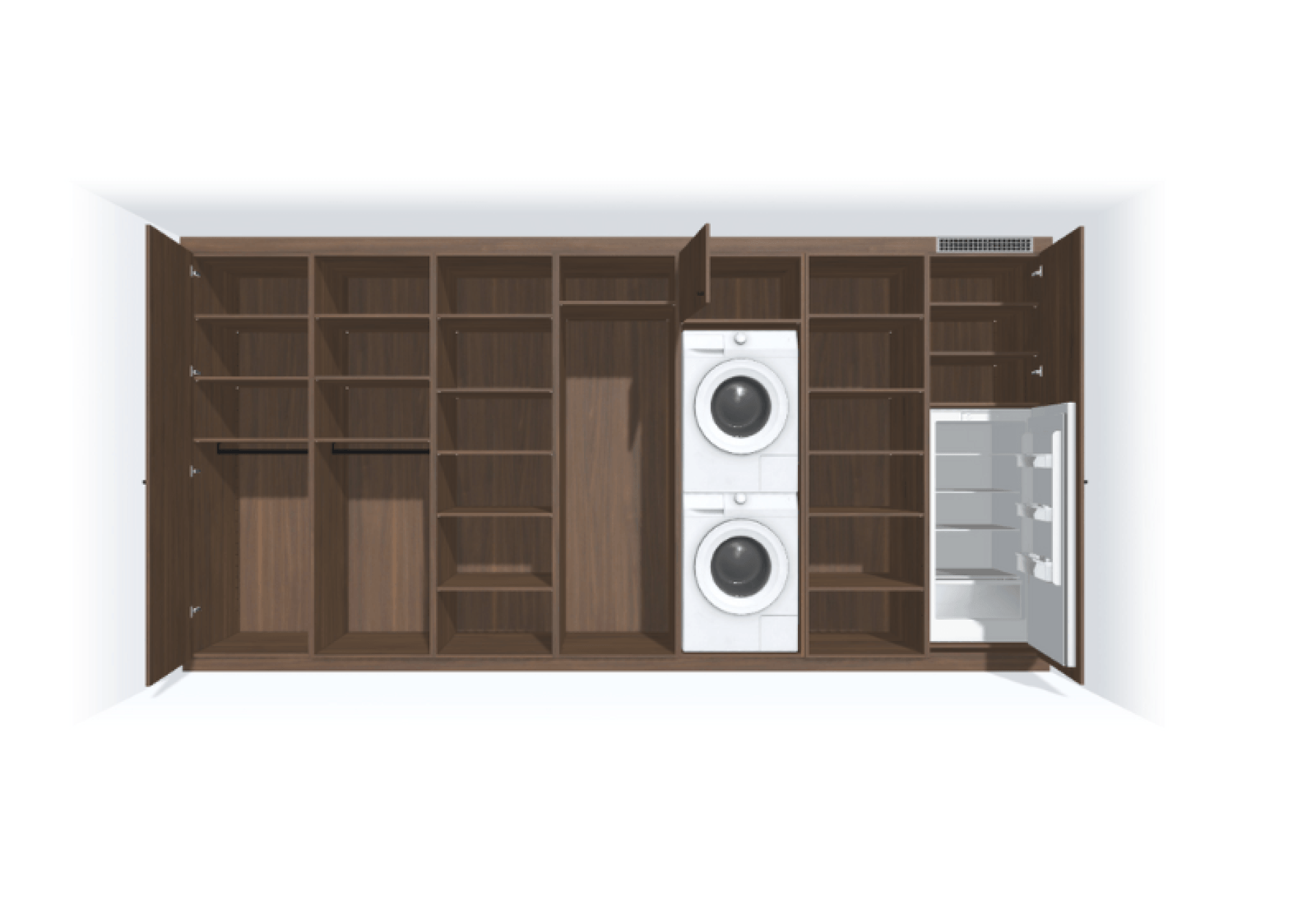 Combinaison d’une armoire sur mesure avec module pour frigo encastrable et armoire à lessive