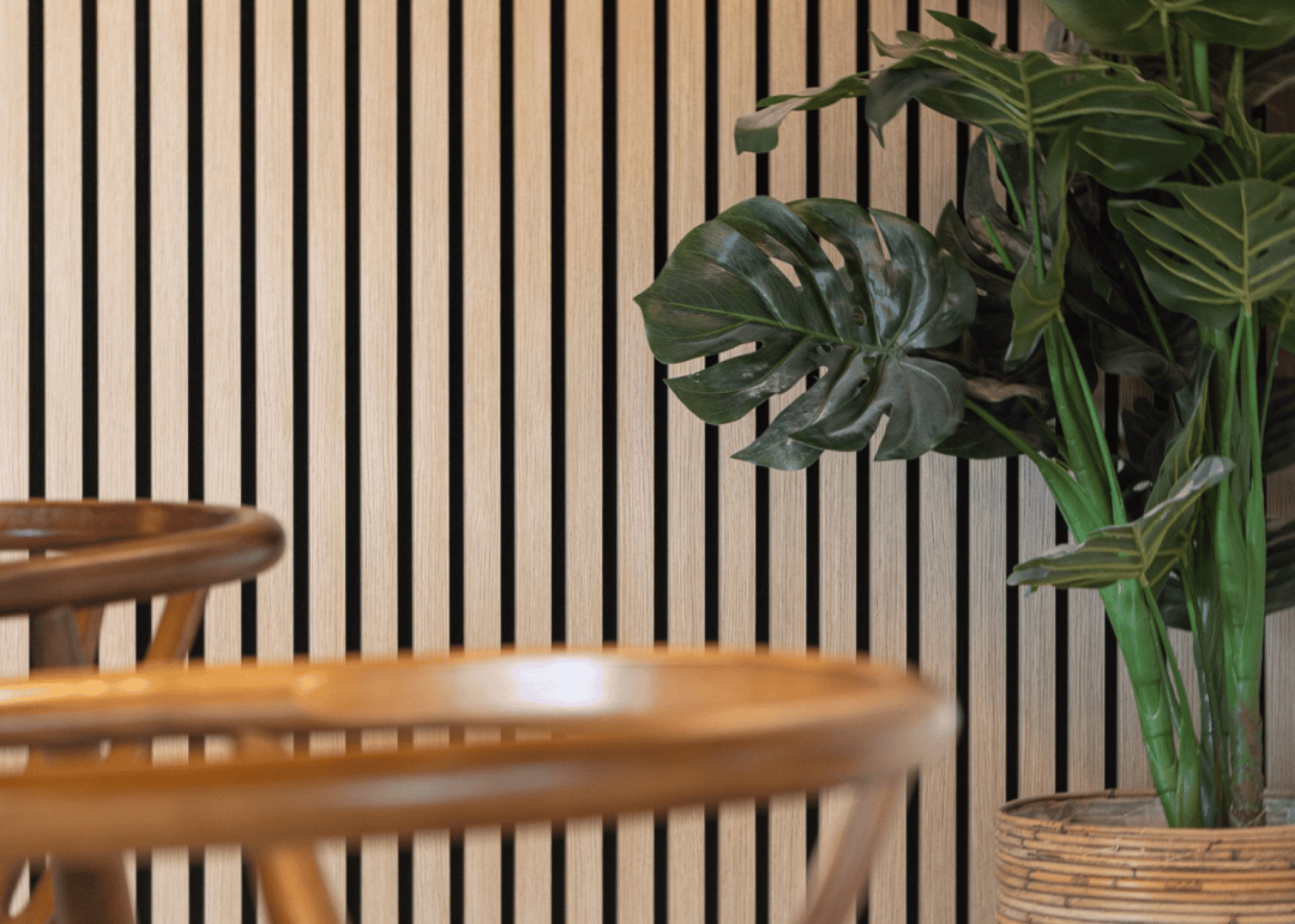 Gros plan sur les lattes de panneaux muraux acoustiques en Ivory Oak