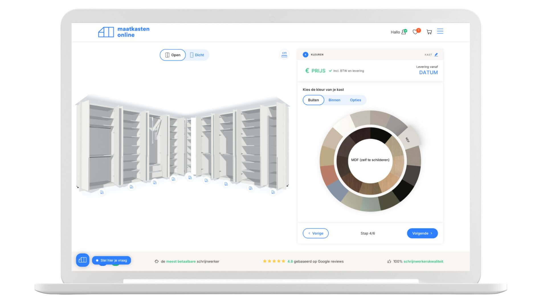 Conception en 3D d'une armoire d'angle dans l'outil de conception de Made-to-measure Custoro