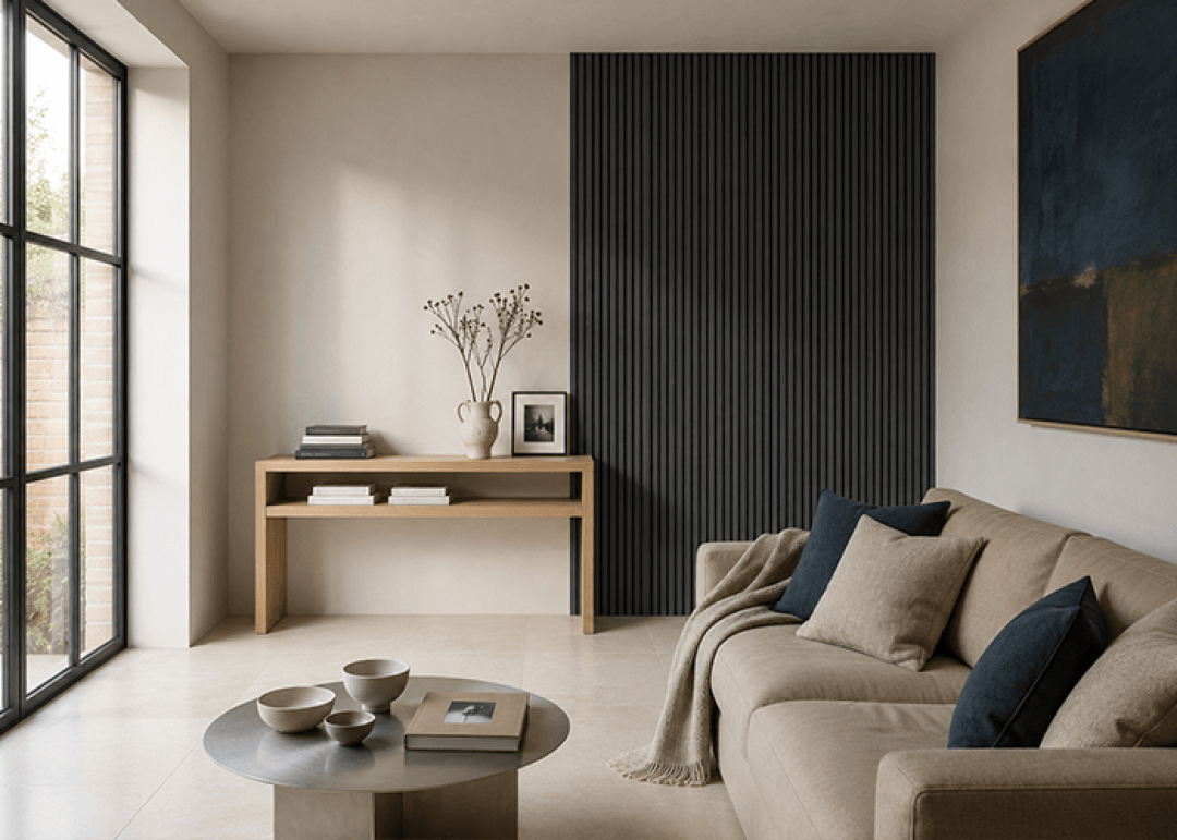 Image atmosphérique d'un panneau acoustique en chêne anthracite