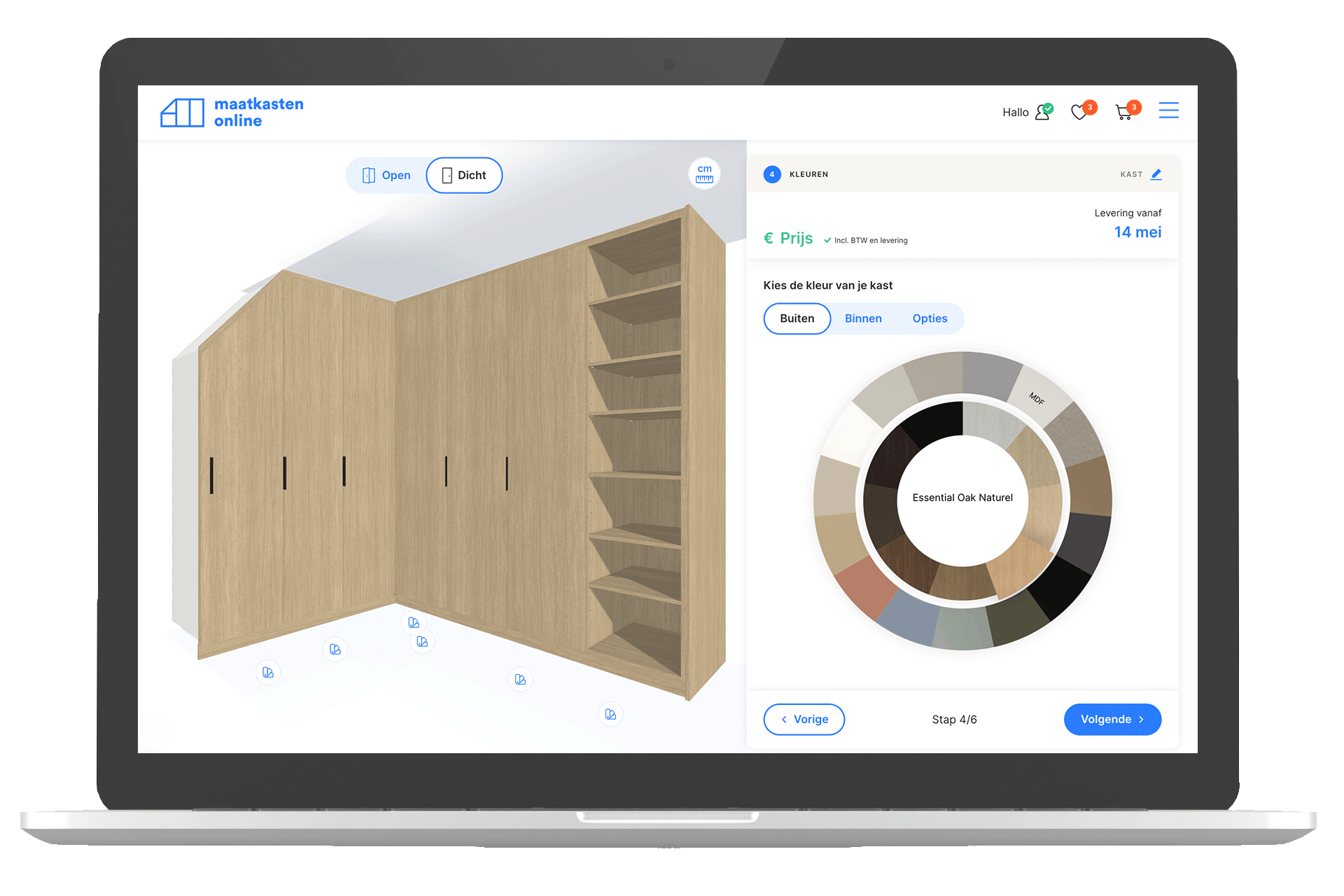 Configuration 3D d'une dressing d'angle sur mesure