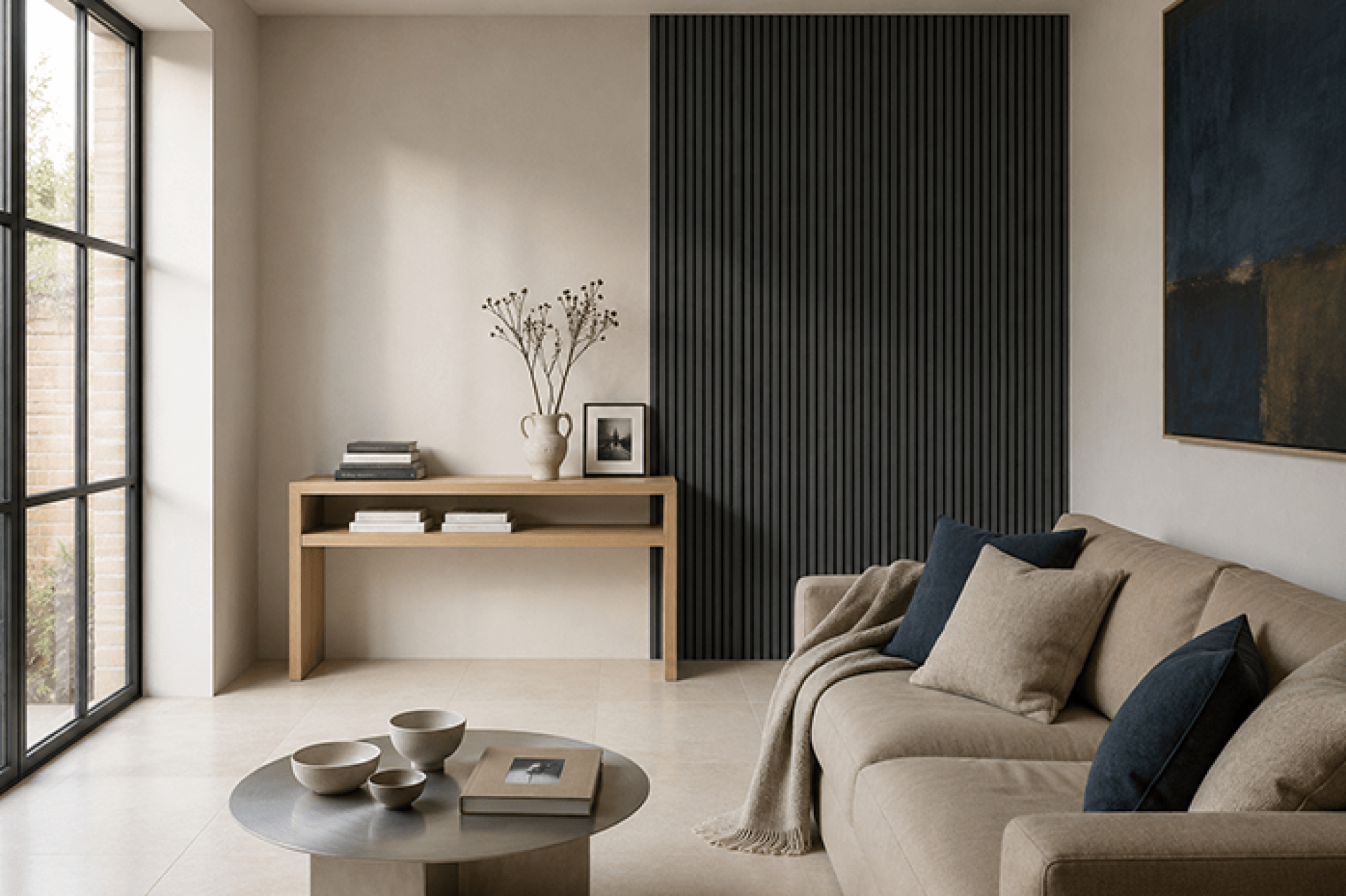 Salon avec panneaux muraux acoustiques Charcoal Oak derrière le canapé