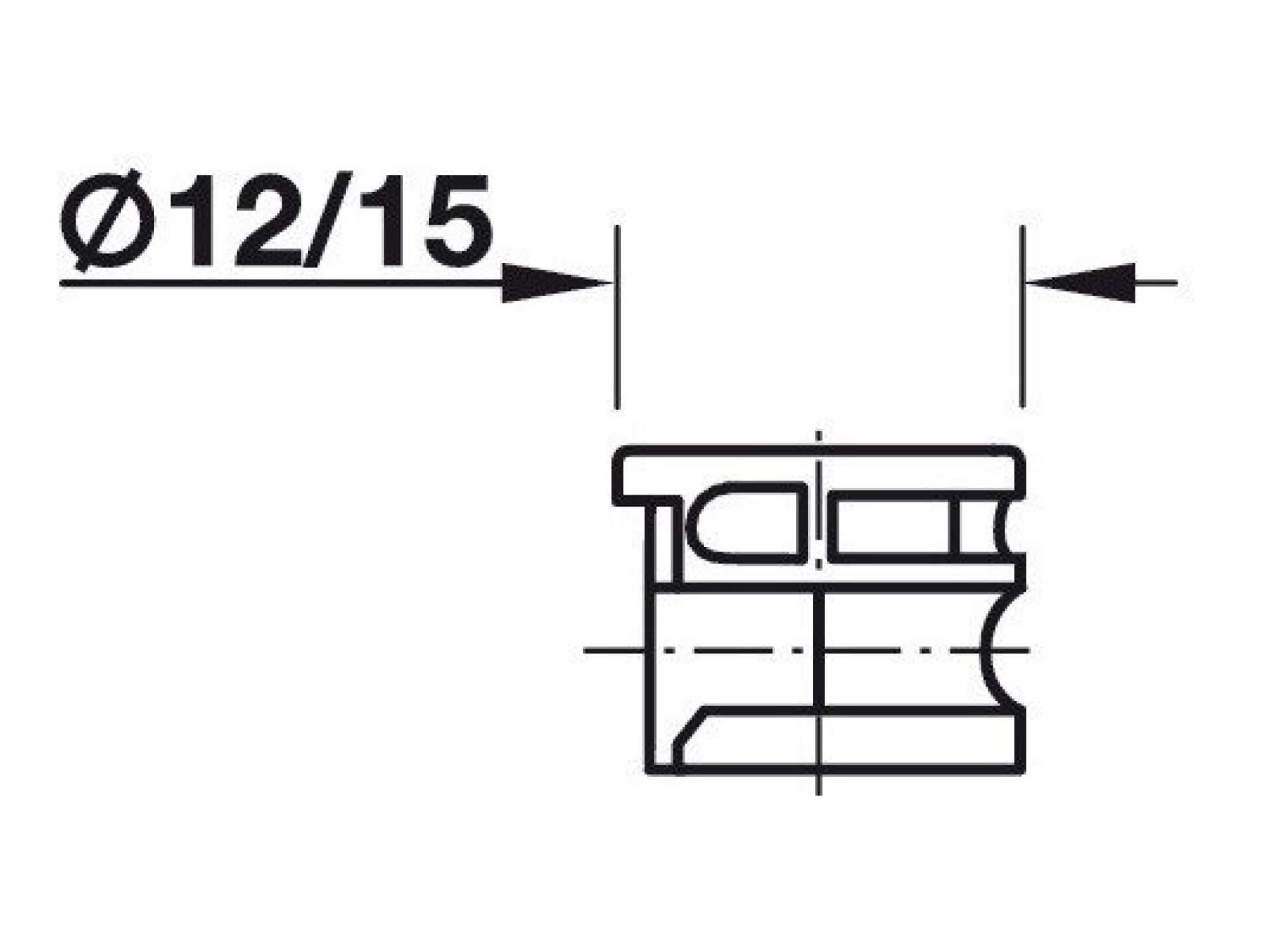 Schéma technique de la douille Minifix avec les dimensions. Le dessin met en évidence la forme cylindrique et indique le diamètre et la profondeur pour un placement précis dans des perçages standard de 15 mm dans les panneaux de meuble