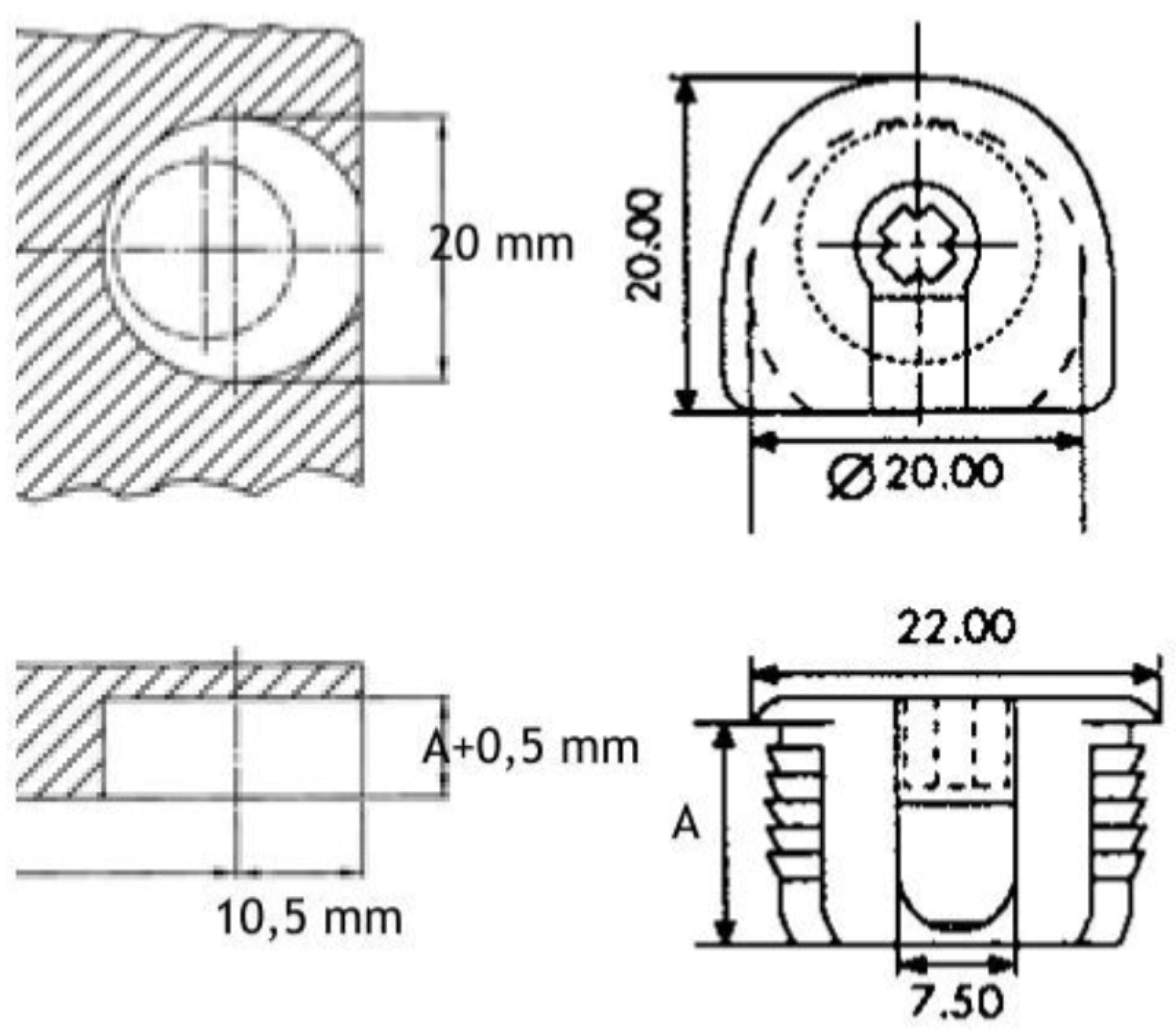 Schéma technique détaillé du support de tablette fixe femelle, indiquant les dimensions précises et les points de fixation. Ce dessin illustre comment le support s’insère dans le panneau de l’armoire pour maintenir solidement les étagères fixes dans les projets d’armoires sur mesure.