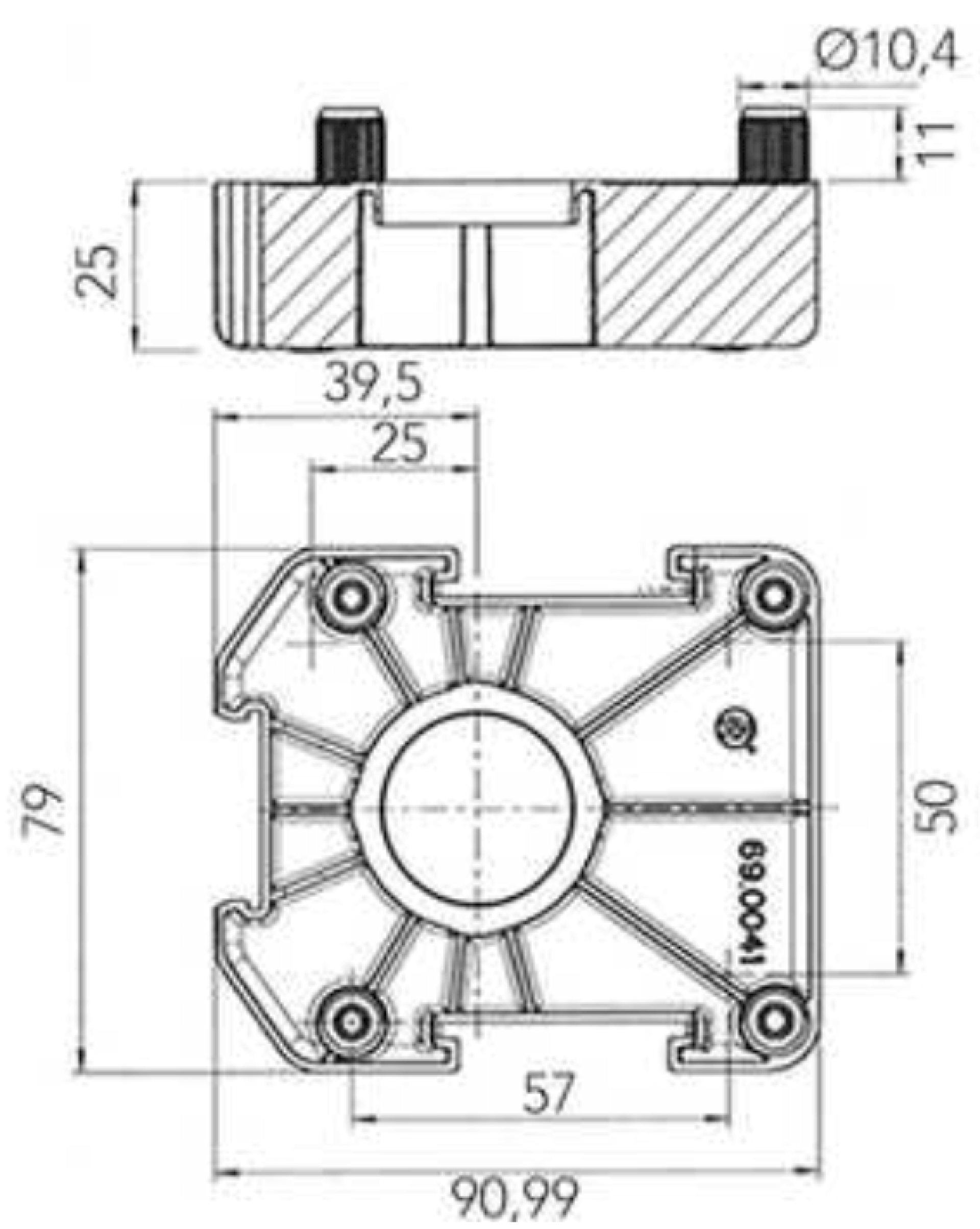 Schéma technique détaillé de la plaque de fixation pour pied de socle. Il indique toutes les dimensions clés, l’emplacement des trous de vis et la structure de la base en plastique. Indispensable pour une installation précise et stable dans des meubles sur mesure.