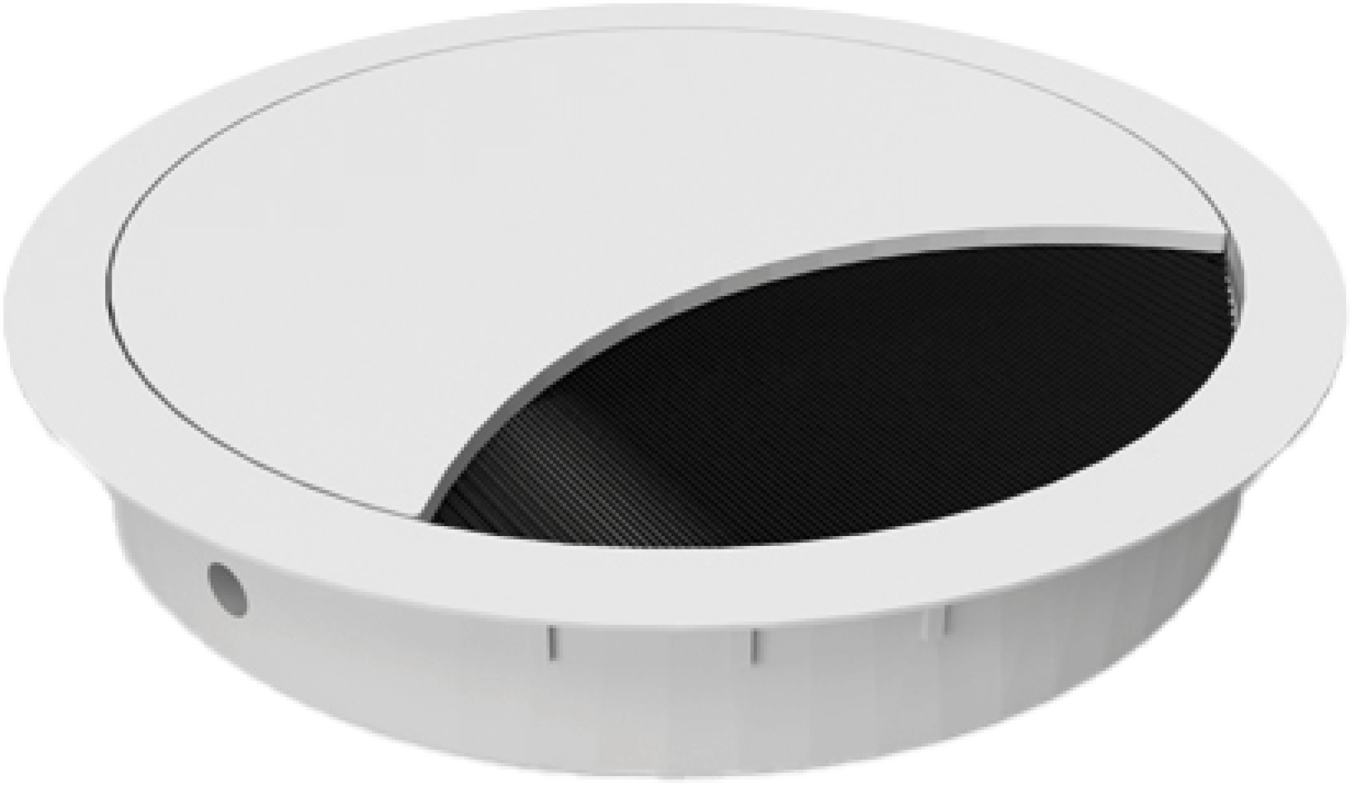 La photo présente un passe-câble rond blanc de 60 mm de diamètre, idéal pour une finition soignée des câbles sur les bureaux ou dans les meubles sur mesure. Son couvercle amovible et son rabat coulissant facilitent le passage des câbles et leur dissimulation. Sa couleur sobre et élégante s'intègre parfaitement à tout intérieur moderne.