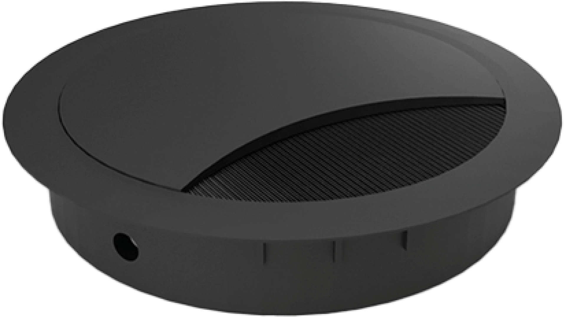 Passe-câble noir de 60 mm de diamètre, conçu pour un passage propre et sécurisé des câbles dans les bureaux et les meubles sur mesure. Sa finition arrondie offre une solution à la fois élégante et fonctionnelle pour organiser les câbles et les protéger des dommages.