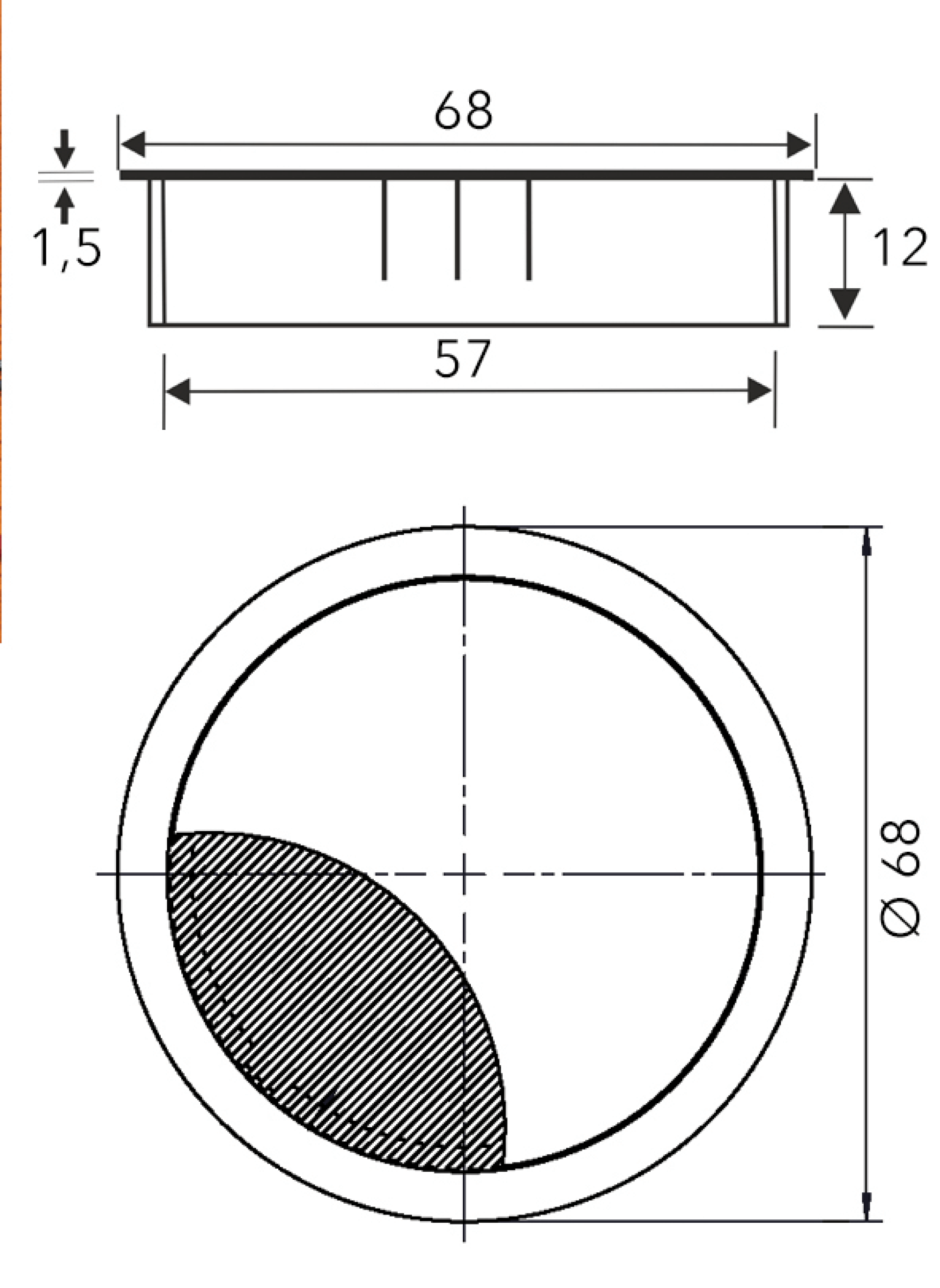 Dessin technique détaillé d'un passe-câble rond noir de 60 mm de diamètre. Ce dessin indique les dimensions de la bride, la profondeur d'encastrement et l'ouverture pour le câble. Il sert de référence pour le fraisage ou le montage du passe-câble sur des plateaux de bureau ou des meubles sur mesure.