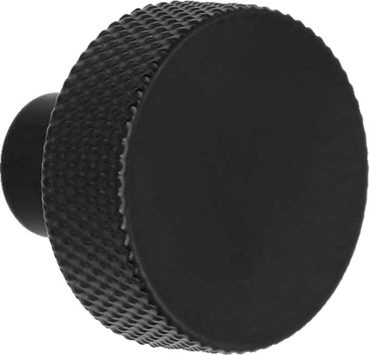 Poignée Button noire, vue de face. Diamètre : 3,5 cm, bord texturé à facettes. Disponible sur la boutique en ligne de Custoro.