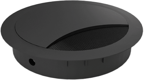 Passe-câble noir de 60 mm de diamètre, conçu pour un passage propre et sécurisé des câbles dans les bureaux et les meubles sur mesure. Sa finition arrondie offre une solution à la fois élégante et fonctionnelle pour organiser les câbles et les protéger des dommages.