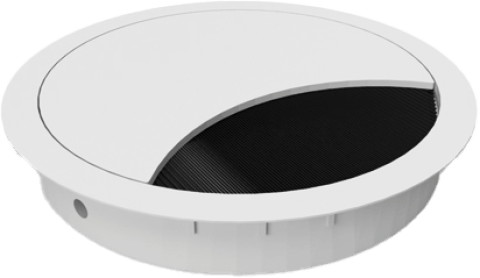 La photo présente un passe-câble rond blanc de 60 mm de diamètre, idéal pour une finition soignée des câbles sur les bureaux ou dans les meubles sur mesure. Son couvercle amovible et son rabat coulissant facilitent le passage des câbles et leur dissimulation. Sa couleur sobre et élégante s'intègre parfaitement à tout intérieur moderne.