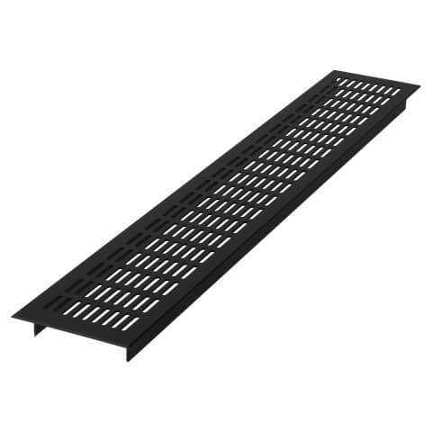 La grille présente un design épuré et minimaliste avec des fentes horizontales assurant une circulation d'air optimale. Grâce à sa finition noire mate, elle s'intègre discrètement aux intérieurs et meubles modernes. Elle est idéale pour la ventilation des meubles, des murs ou autres applications nécessitant une alimentation en air discrète et fonctionnelle.