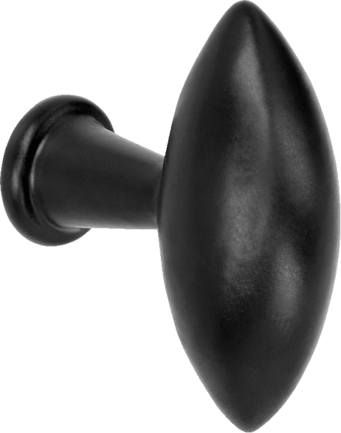 Poignée olive en noir mat, vue de face. Longueur : 3,6 cm. Disponible sur la boutique en ligne de Custoro.
