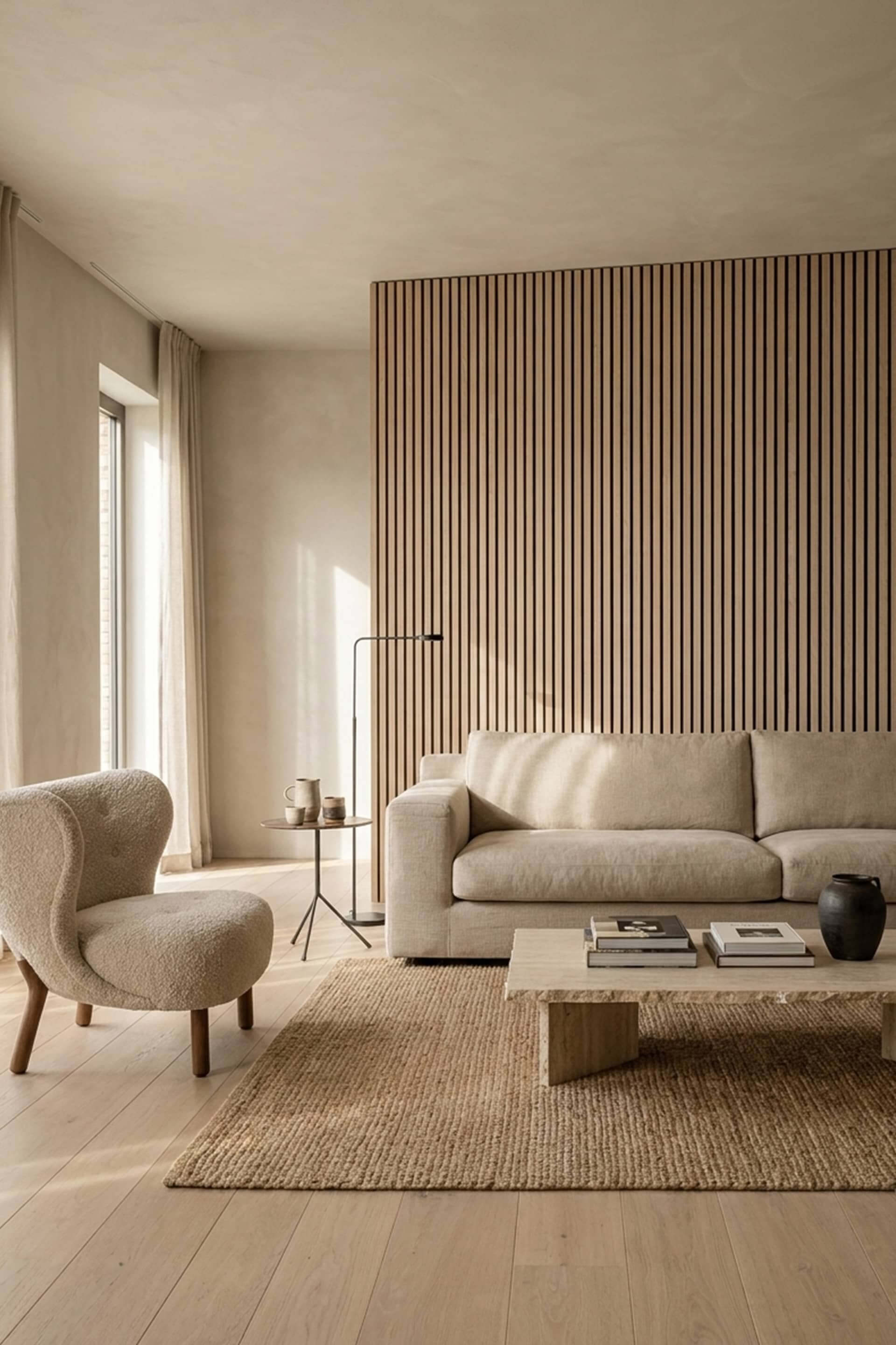 Image d'ambiance des panneaux muraux acoustiques en chêne ivoire avec feutre. Disponibles à l'unité dans la boutique en ligne de Custoro.