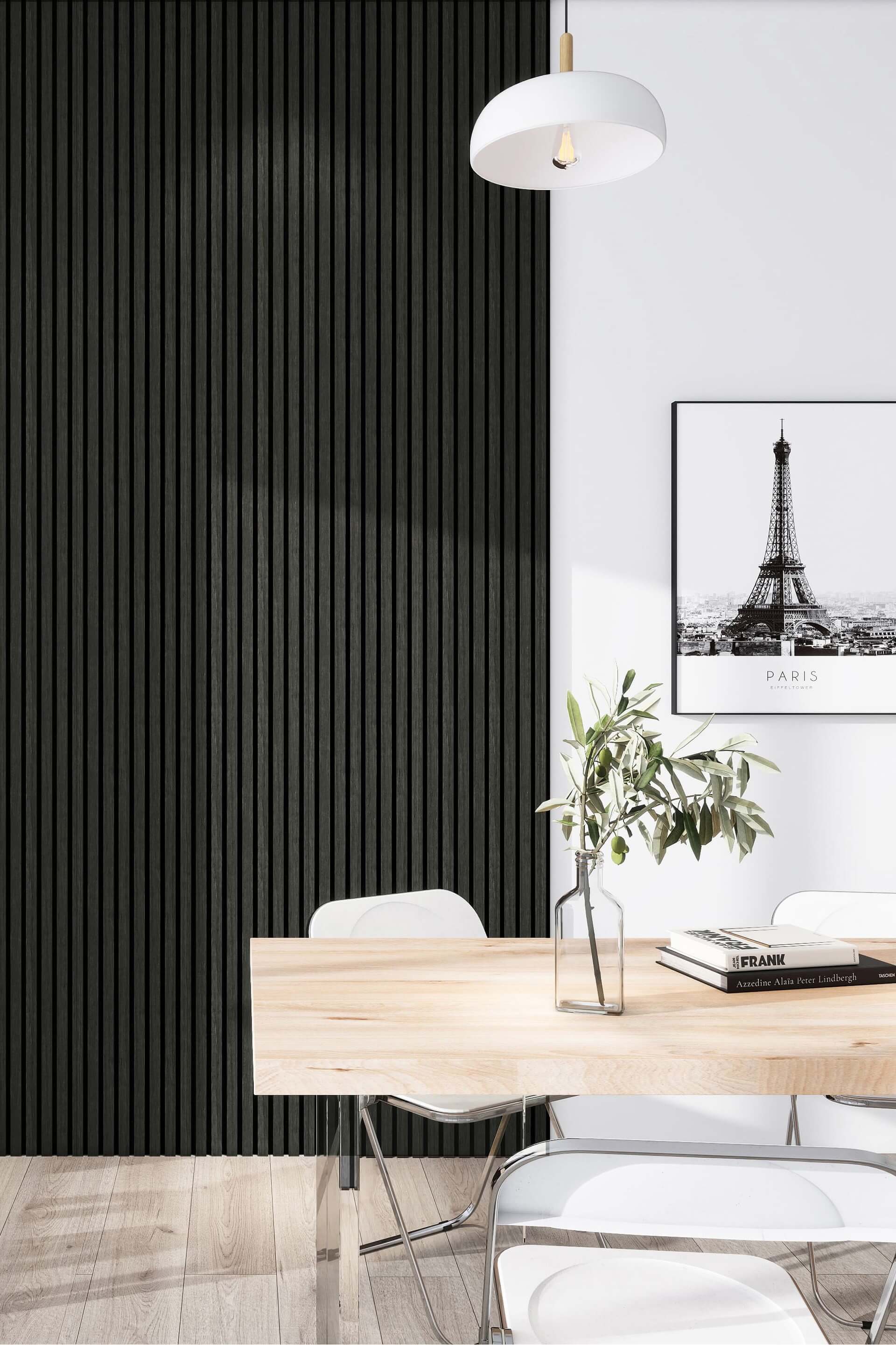 Image d'ambiance des panneaux muraux acoustiques en chêne fumé avec feutre. Disponibles à l'unité dans la boutique en ligne de Custoro.