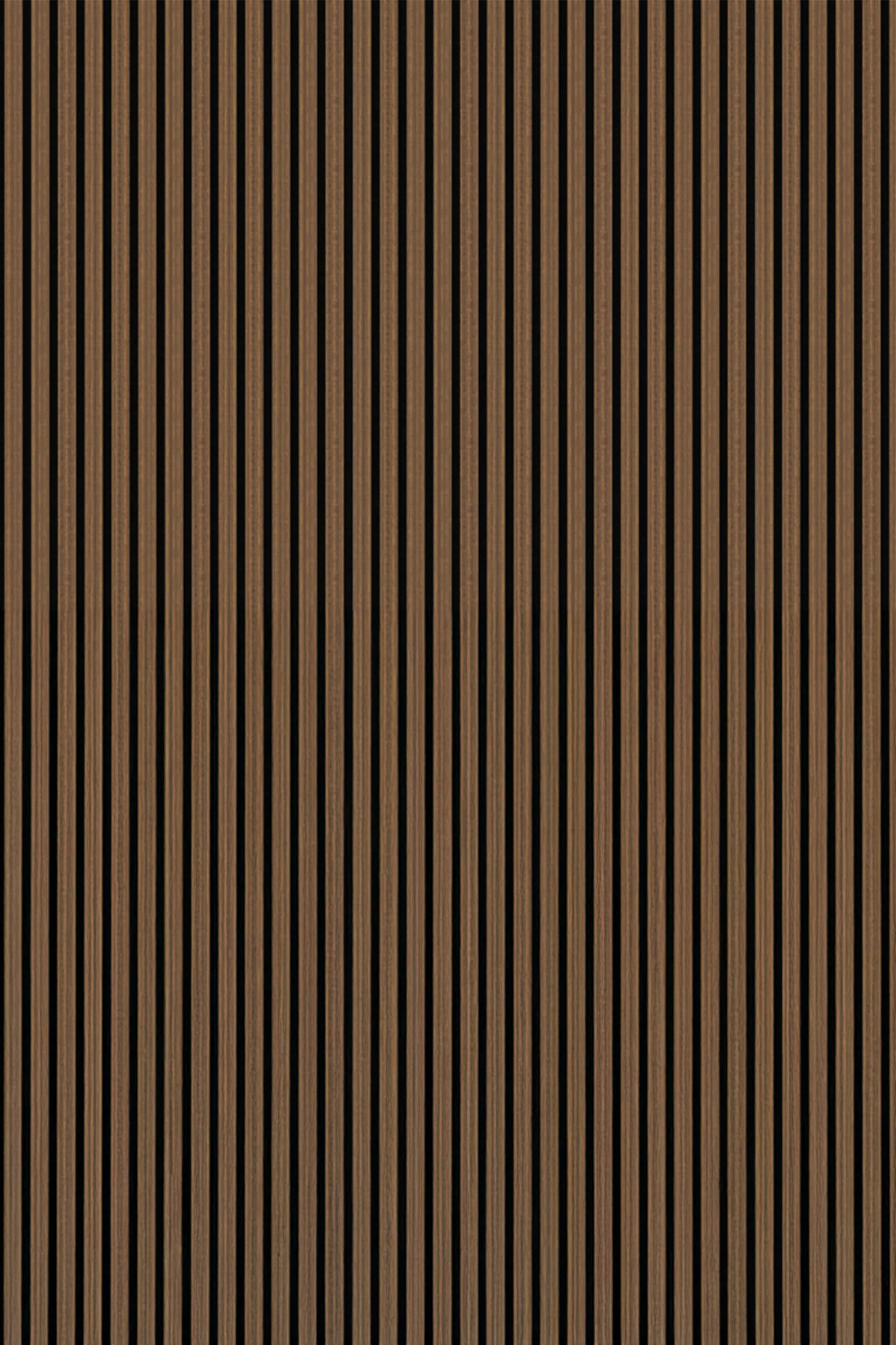 Gros plan d'un panneau mural acoustique en chêne noyer avec feutre. Disponible à l'unité dans la boutique en ligne Maatkasten.