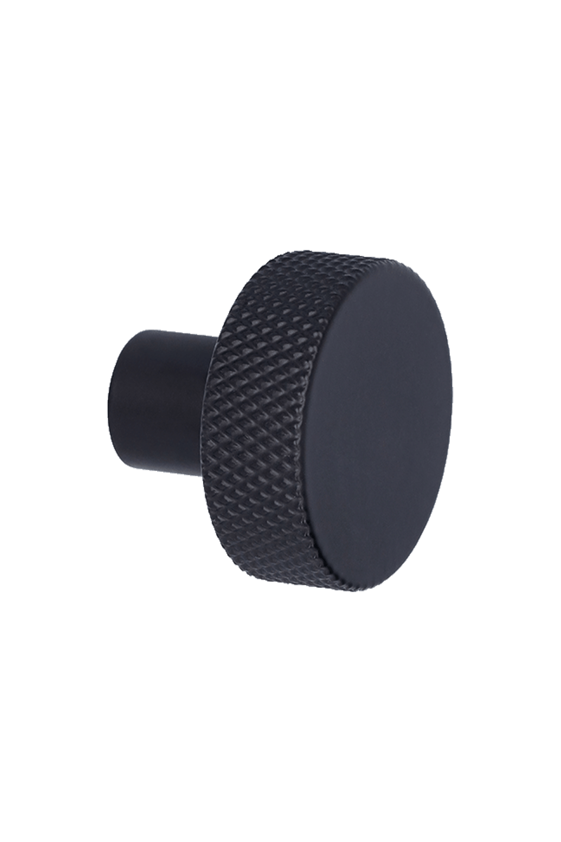 Poignée bouton noire, vue de profil. Diamètre : 3,5 cm, bord texturé à facettes. Disponible sur la boutique en ligne de Custoro.