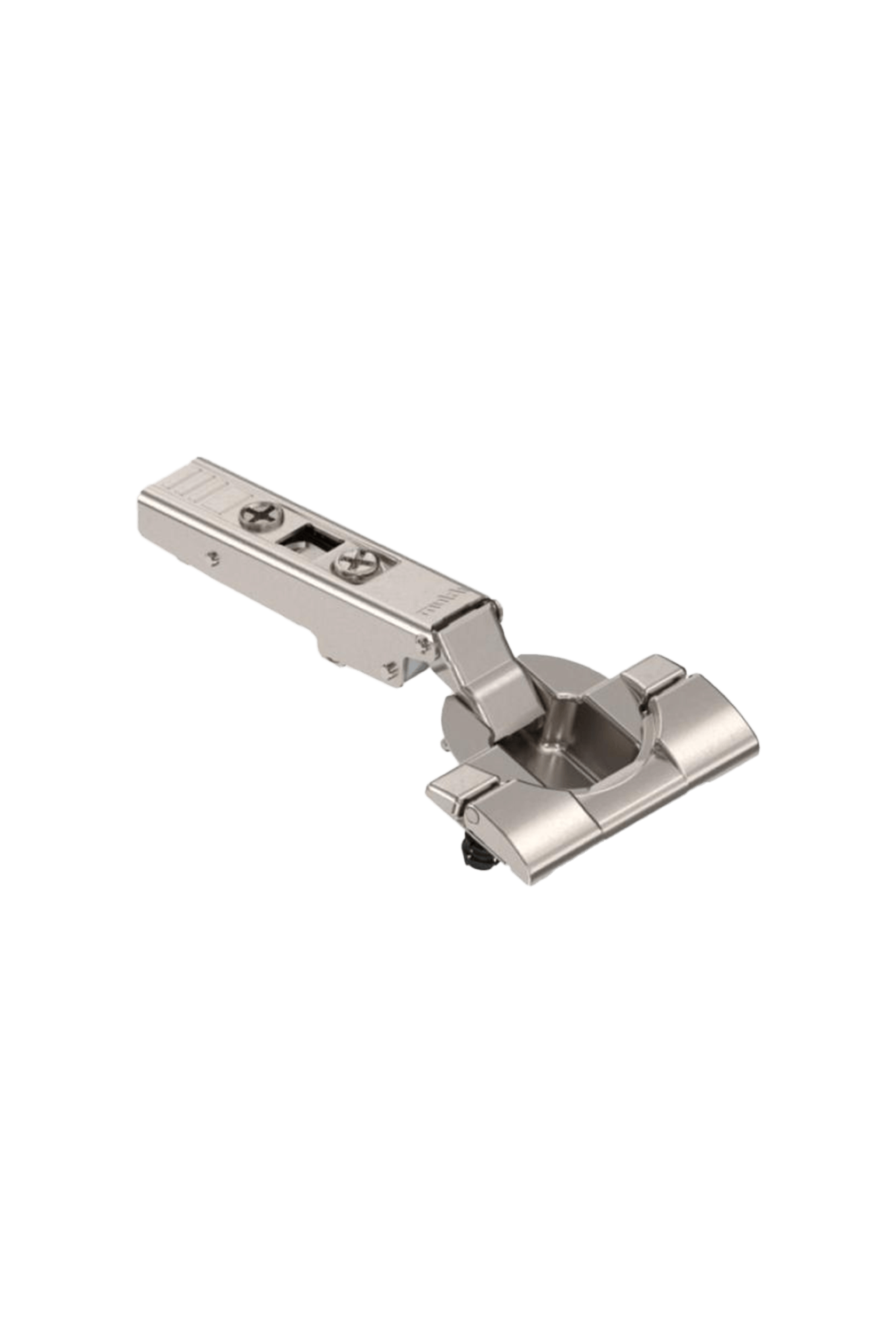 Charnière sans ressort de haute qualité à 110° avec finition métallique pour un mouvement fluide et contrôlé du meuble. Idéale pour les meubles sur mesure à système d'emboîtement. Disponible sur la boutique en ligne Custoro.
